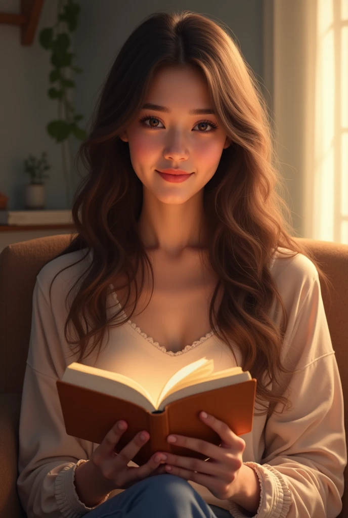 Give me the most beautiful woman about 19 years and she is reading book which is hanging her hands with A heart-warming smile and look at me.Her hair is more long, 
gorgeous and thick. Give me different countries every time.