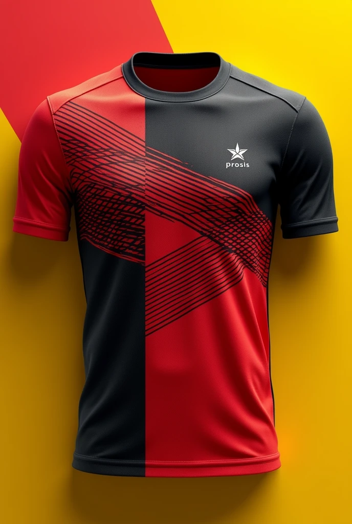 Collar Jersey with Prosis logo small on top left,theme in red, black and splash of yellow and with intricate line pattern