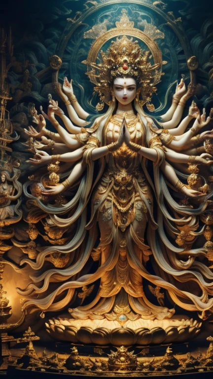 masterpiece,Best quality at best,UHD,8k wallpaper,actual,masterious,(realisticlying:1.4),1 Giant Girl,full bodyesbian,Thousand Hands goddess, holly lighting, golden statue