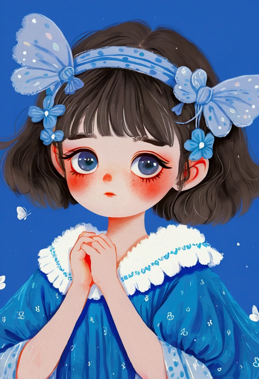 wallpaper,Procreate,Cute little girl in blue dress,Big blue eyes。Bangs,Fine and fluffy hair,Lovely art style, Lovely and detailed digital art, Cute numbers艺术, splash art anime Change, Hand drawn cartoon art style,Lovely artwork, Kawaii realistic portrait, Change, Cute numbers, Lovely portrait, Kasuga, Lovely characters, Cute, colorful and adorable