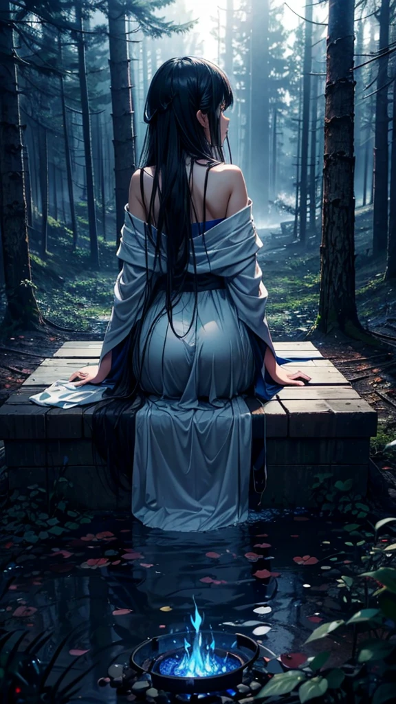 (Panorama, center, masterpiece, Highest quality: 1.2)、 (8k, RAW Photos, Highest quality), ((masterpiece:1.2)), Ultra-high resolution, アニメアート壁紙 8k、Super detailed、Deep writing depth、 (1 girl、Back view), Deep in the forest、When dusk approaches、The girl was sitting alone in front of the fire。Her name is Aria、Long black hair blowing in the wind、Clear blue eyes staring into the flames of the bonfire。Aria puts on her old cloak、I hugged my knees and soaked in the warmth of the fire。Silence spreads in the darkness of the night、With only the crackling of the bonfire echoing,、She gazed at the stars, pondering legends from long ago.。The blue light of the bonfire、It was as if I was summoning the mysterious beings lurking quietly in the depths of the forest.。