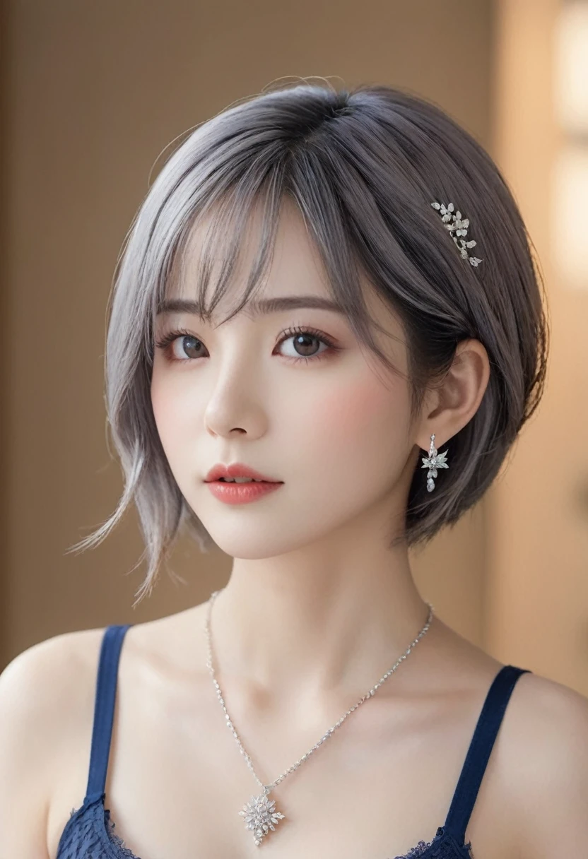 Dark blue lace thong,Open bust bra:1.5, (((とてもエレガントでbeautiful, Perfect detail, Very detailed))), whole body, The most detailed girl, Written boundary depth, 美しくdetailedなwhole body, Thin legs, 1 girl, 30 years old, Very short hair, Spiked Hair, Gray and silver hair, beautiful detailed hair, Perfect Face, Expressionless, beautiful, detailed, Deep Eyes, Open your mouth a little, Delicate arms and hands, Pale skin, Earrings, beautiful and gorgeous necklace, Colorful background, HD background, Blurred Background, とても繊細でbeautiful, masterpiece, (((Highest quality, とてもbeautiful8K CG壁紙))), (((Trendy hairstyles))), (Inside the room,Stylish interior,window),