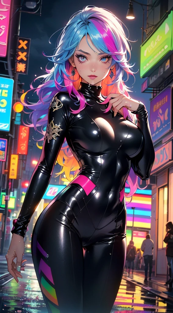 cyberpunk girl,(((1 girl))),((Beautiful and beautiful rainbow haired girl)),
(Colorful hair:1.8), (all the colors of the rainbow:1.8),crystal clear eyes,rainbow color gradient hits:1.7,(rainbow colored hair:1.6), color splash, color explosion, (showy), face paint, ((streaked hair)),(Gradient color eyes),(((showy eyes))),
(big breasts:1.4),sagging breasts,me,((multicolor_hair:1.3)), ((rainbow hair:1.3)),((hair hits:1.3)),((hair with the seven colors of the rainbow:1.3)),((straight hair:1.3)),((very straight hair,very_long hair:1.5)),((The beauty of extra-long hair)),((Super long straight hair)),((hits)),(((neon rainbow eyes:1.3))),intricate eyes,beautiful detailed eyes,symmetrical eyes,((gordo)),(((shiny skin:1.5,shiny skin: 1.5,tanned skin,shiny skin,very shiny skin,shiny body,plastic glitter skin,exaggerated shiny skin,illuminated skin,wet legs))),(spider lower abdomen,narrow waist,wide hip,athletic body,inflated legs,detailed body,(detailed face)),
Beautiful,horny,Erotic,((NSFW)),
White pilot suit,white cyber suit,absurdities,long legs,neckline,(((wet clothes,intricate costume,intricate clothing))),
(hypnotized pose:1.0),hypnotized,(centered,Scale to fit dimensions,rule of thirds),
cyberpunk city by the ocean at night, with bright neon signs and dark stormy clouds and puddles, scenery:1.25,
artistic photography,(photograph taken by sldr),High resolution, sharp focus, (ultra detailed, extremely detailed), (photorealistic artwork:1.37),(extremely detailed CG unity 8k wallpaper),((synthwave background theme)),(((vibrant colors))),(intricate background),(masterpiece),(Best Quality),