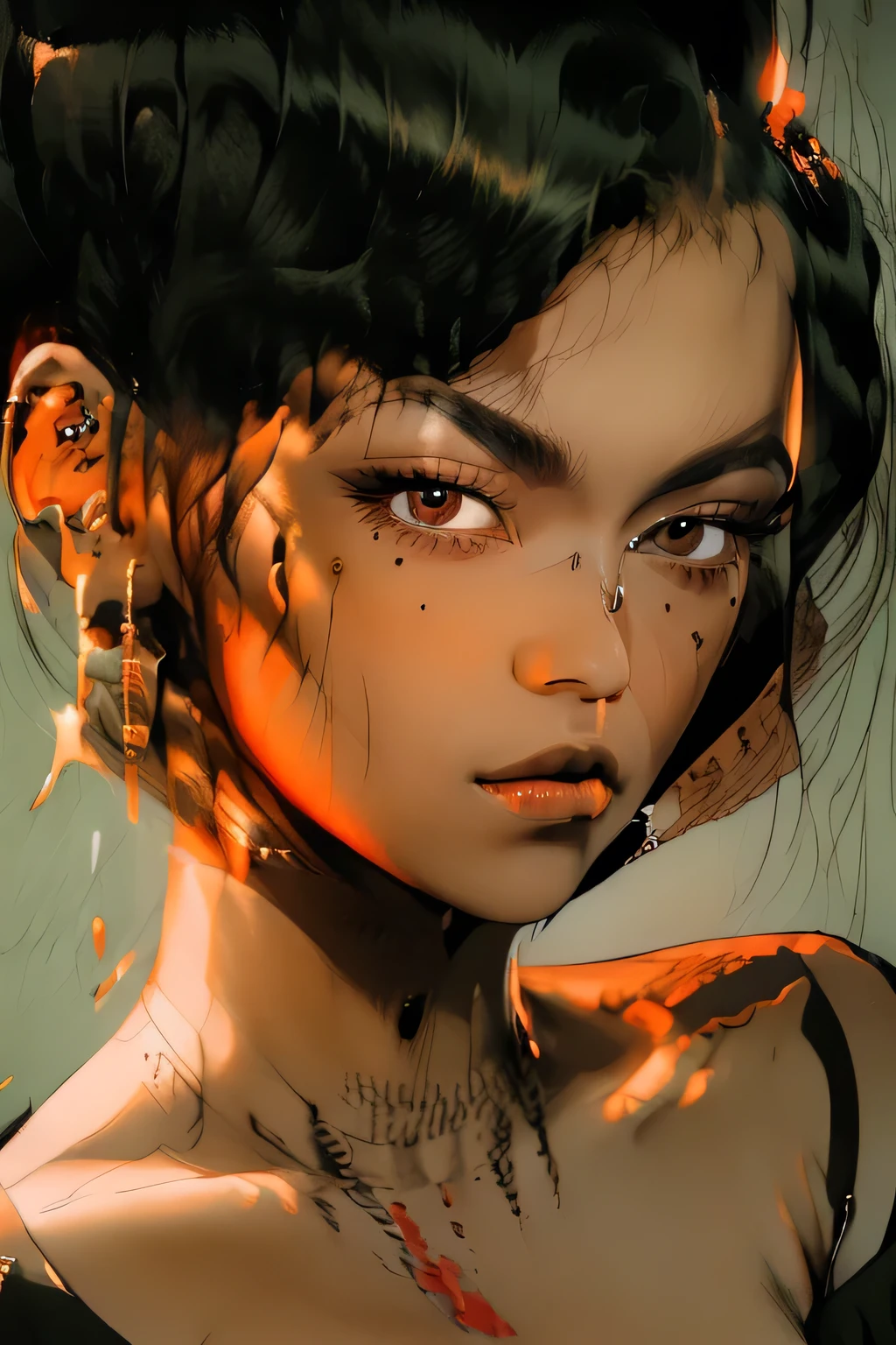 Amazing portrait of a sexy and cute girl with a short bob hairstyle and a seductive gaze who is blushing intensely with parted lips and is desperate and flustered and lustful wearing an off shoulder orange t shirt showcasing her bare shoulder while lying on bed
