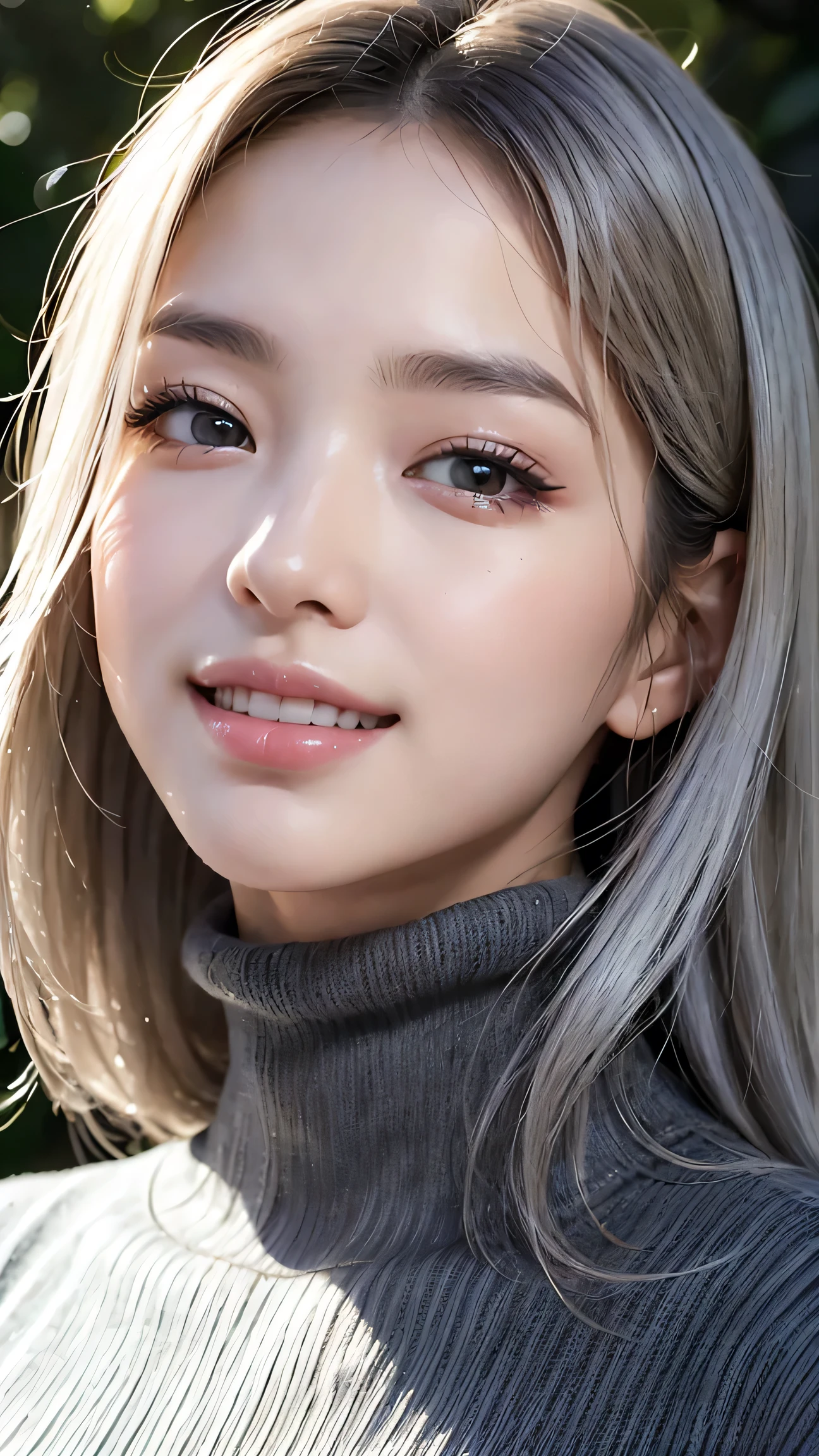 Realistic, masterpiece, Highest quality, Highest Resolution, A portrait of a Japanese woman depicting only the upper body, Happy smile, Slightly to the side, Definitely watching the audience, Beautiful attention to detail, Iris, (Hidden eyelid wrinkles:1.2), Thin eyebrows, Draw eyelashes carefully, Natural Makeup, Mid-length hair, Silver Hair, Detailed face, Thick black turtleneck sweater