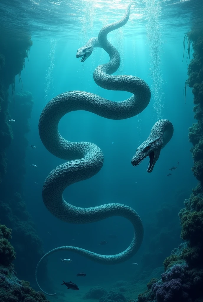 Snake with five mouth in blue sea 
