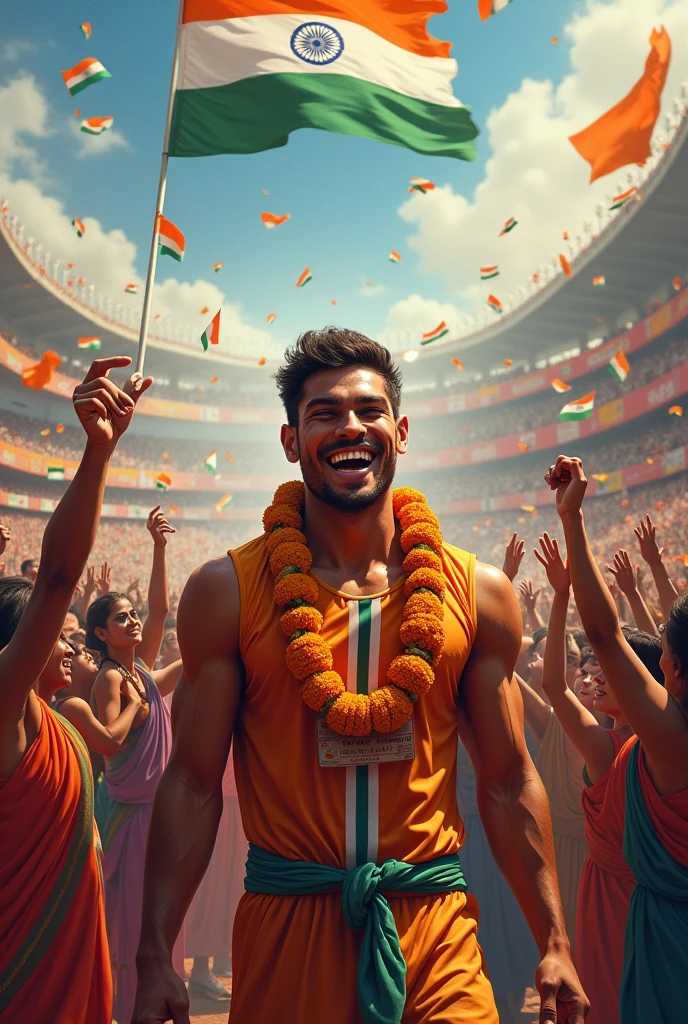 Neeraj chopra a javelin throw Indian player participated in Olympic, today he will going to win a gold medal for India in the Paris Olympic.
Create a picture where Indian people crowd welcoming him with indian style.
Use a real face of Neeraj Chopra in the image.
