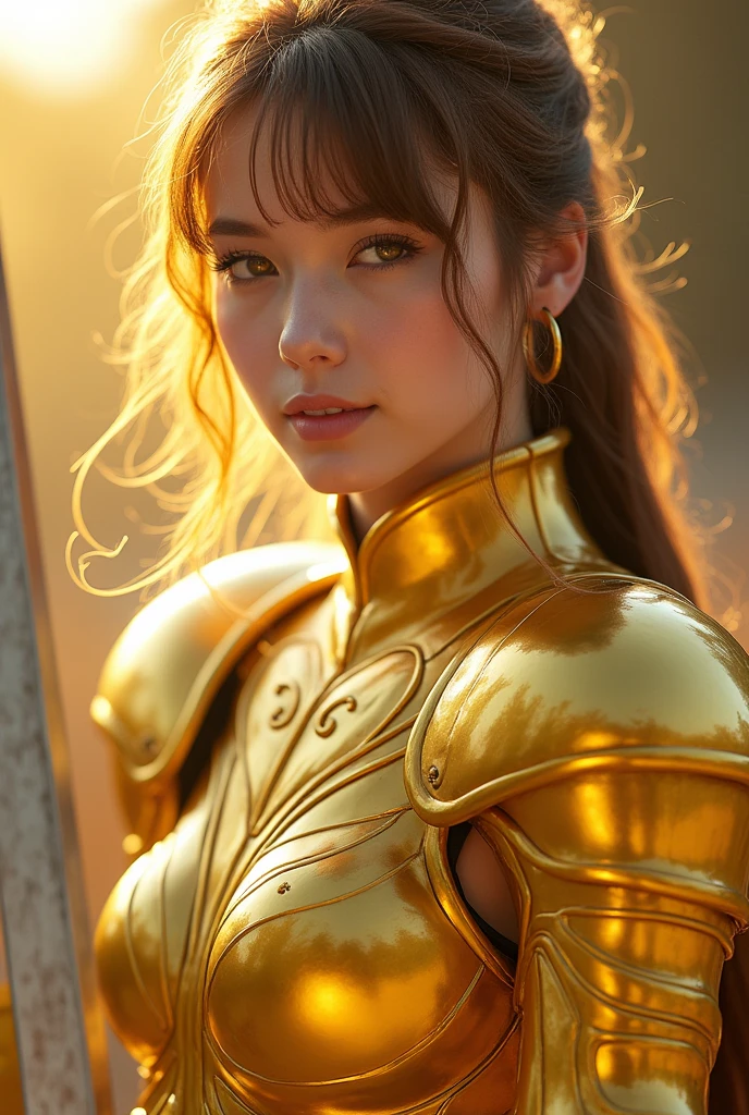 Close up of a person in a yellow suit with a sword, Zodiac Knight Girl, wearing Gold Armor, Saint Seiya, wearing 黄Gold Armor, 黄Gold Armor, 黄Gold Armor wearing, portrait Zodiac Knight Girl, Gold Armor, Sailor Galaxia. beautiful, Gold Armor, angelic 黄Gold Armor, 黄Gold Armor, sleek Gold Armor, light Gold Armor