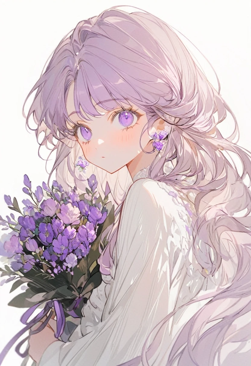 Soft lines、girl、Purple、((((hold Purple Bouquet))))、💐💐💐💐💐💐💐💐💐💐💐、Upper Body、Long hair、White Dress、White background、front、look at me
