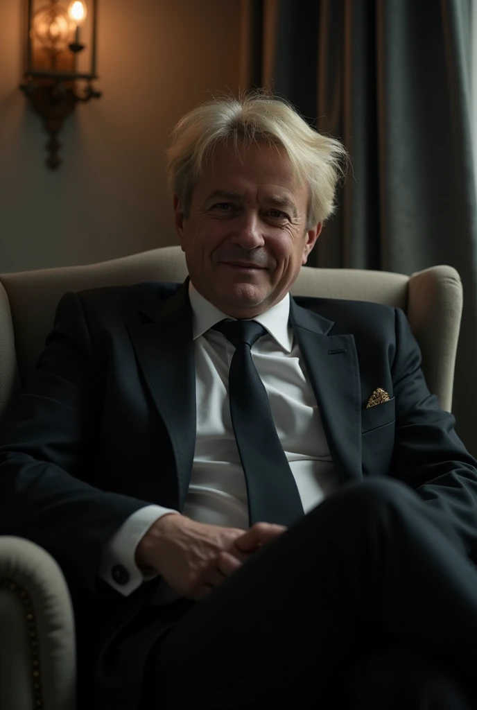 naughty man, wearing suit and tie, short blonde hair, disturbing appearance, Grinning, anxiously waiting, while sitting in an armchair, with one's legs crossed, a tenebrosa hall in the background, tenebrosaness, tenebrosa, Mystery, 真实感, high qualiy, work of art, smooth light, 4K, 8k, High definition, perfect background, perfects eyes, perfect hands, Perfect Anatomia
