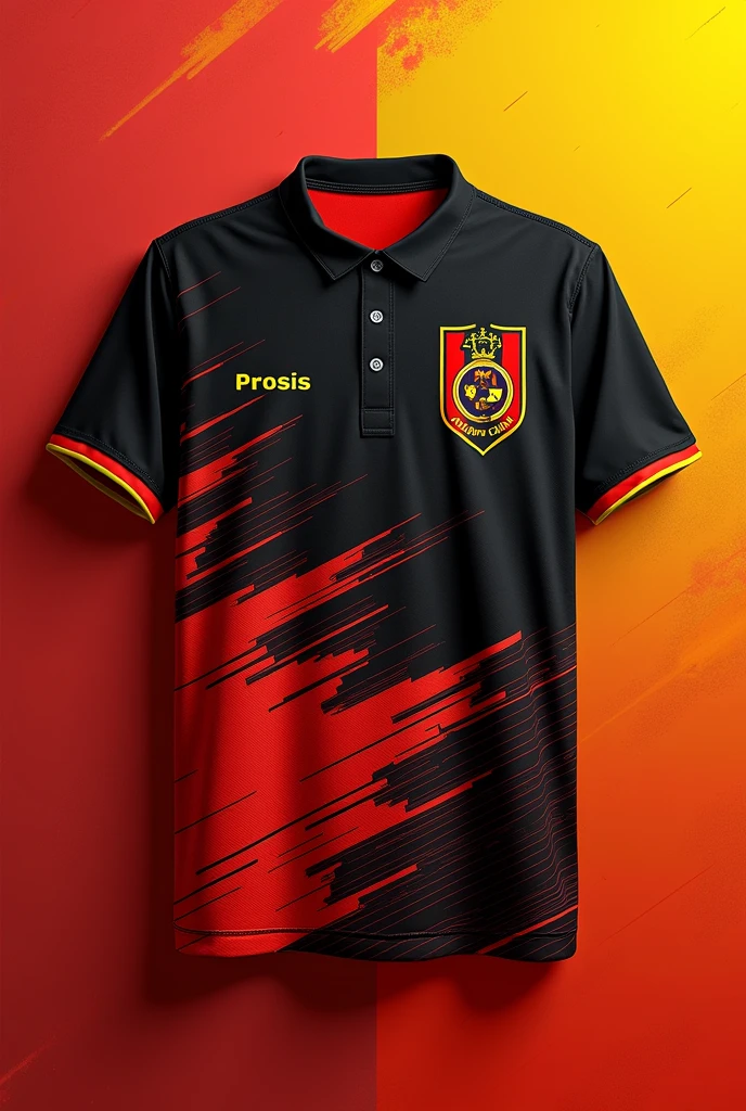 Collar Jersey with Prosis logo small on top left,theme  in red, black and splash of yellow and with intricate line pattern

