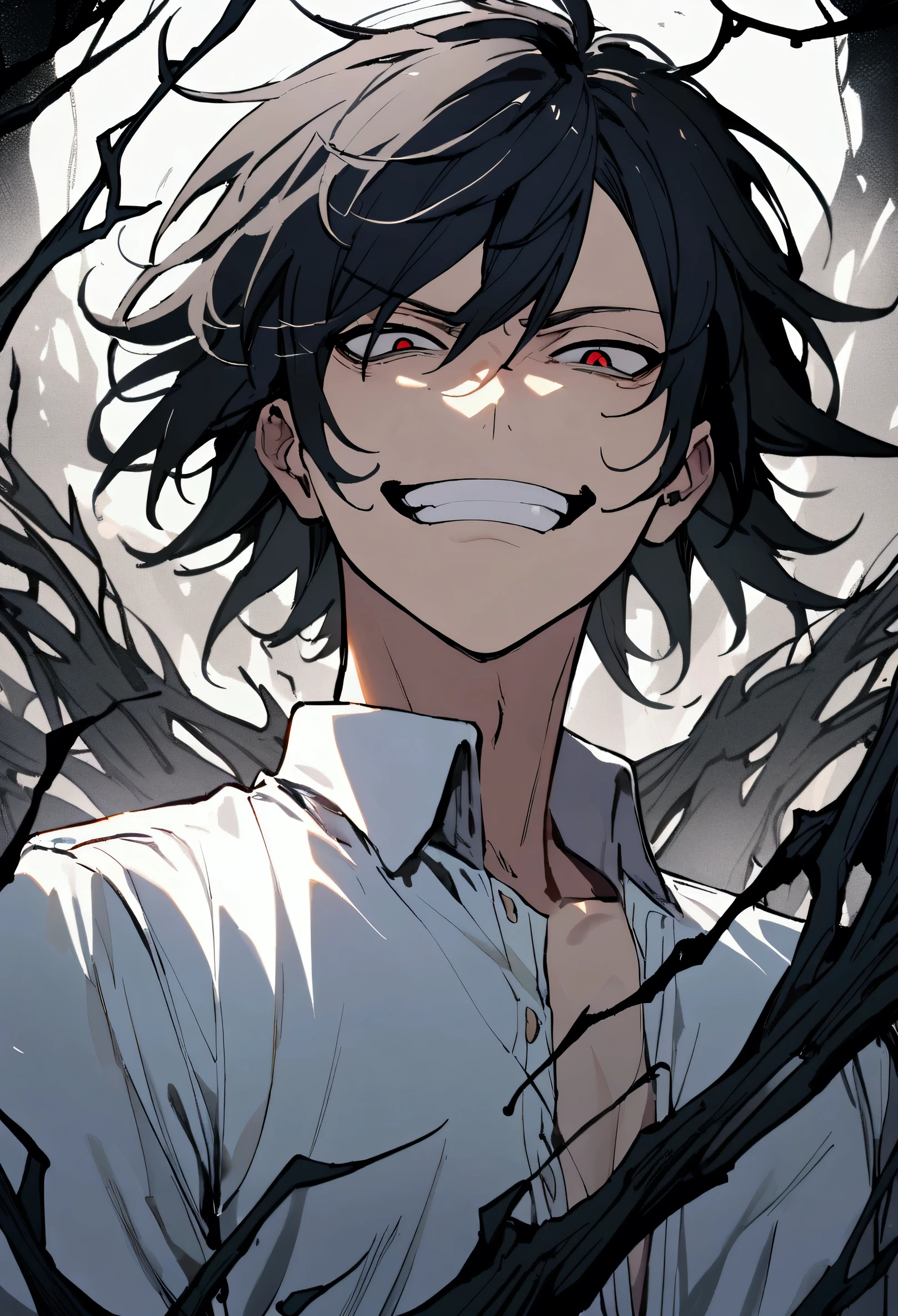 1 Teenage boy, tidy hair, short length hair, Bblack hair, eyes black, evil grin, white shirt, school blue jacket.
