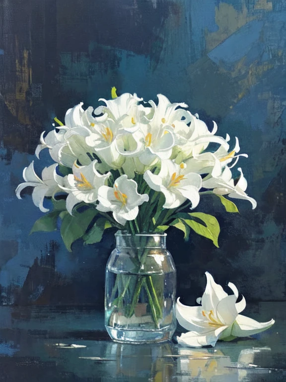 oil painting, Night Sky, Illuminated by moonlight, moment of confession, Pure White Lily, Silence, Soft Light, Romantic, Golden aura