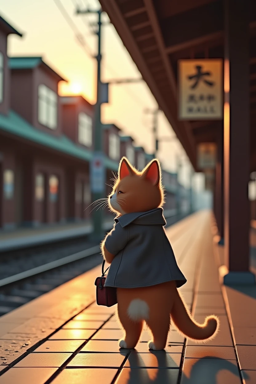 35mm lens,Multiple angles,Back,side,silhouette,Overhead shot,Cat,Standing,doll,Carrying a small school bag,tram,Hokkaido,Autumn Station,Wooden house,Platform, cloak,Ruan Jia,Suit,tie, (Delicate face), (Fine fluffy fur),(35mm Cinema Lens),(Multi-angle shooting),(many viewing angles)