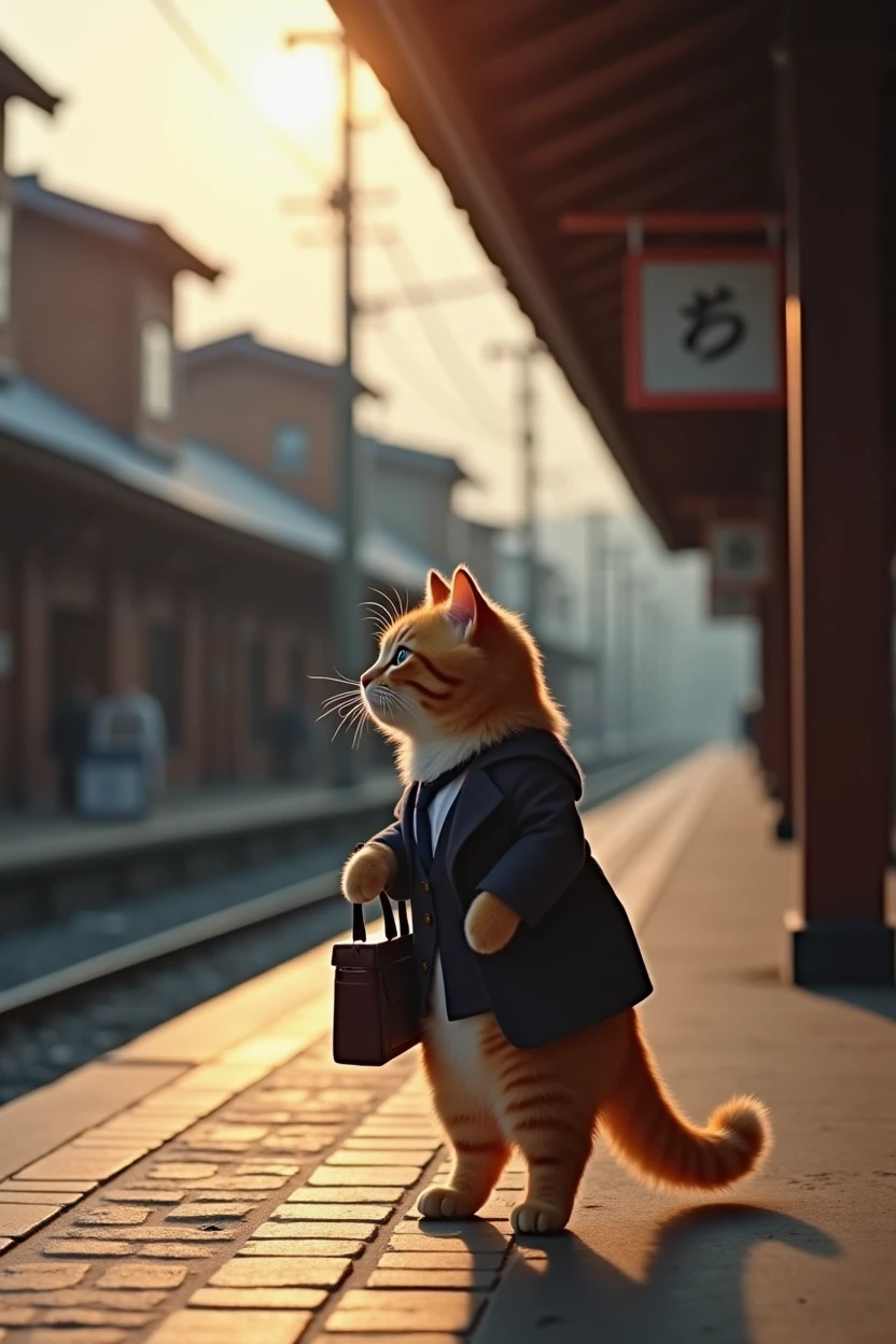 35mm lens,Multiple angles,Back,side,silhouette,Overhead shot,Cat,Standing,doll,Carrying a small school bag,tram,Hokkaido,Autumn Station,Wooden house,Platform, cloak,Ruan Jia,Suit,tie, (Delicate face), (Fine fluffy fur),(35mm Cinema Lens),(Multi-angle shooting),(many viewing angles)