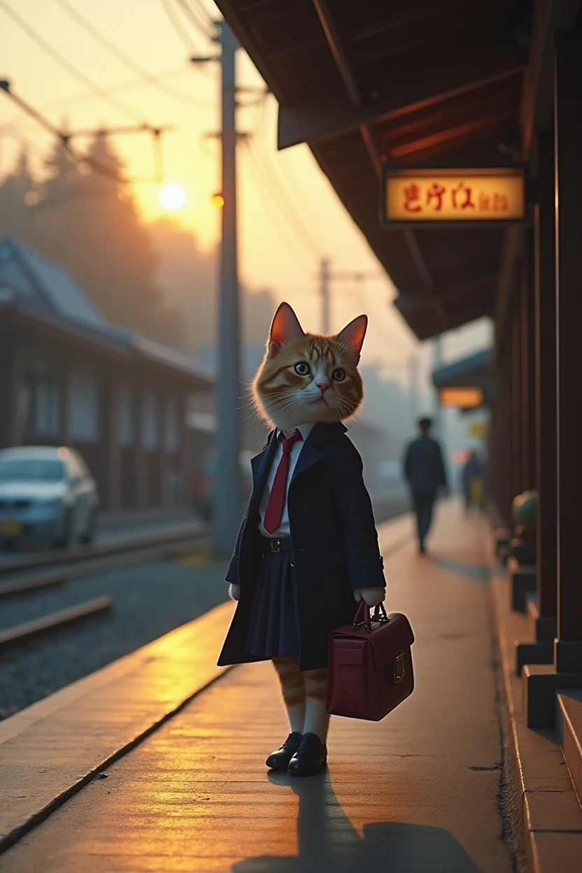 35mm lens,Multiple angles,Back,side,silhouette,Overhead shot,Cat,Standing,doll,Carrying a small school bag,tram,Hokkaido,Autumn Station,Wooden house,Platform, cloak,Ruan Jia,Suit,tie, (Delicate face), (Fine fluffy fur),(35mm Cinema Lens),(Multi-angle shooting),(many viewing angles)