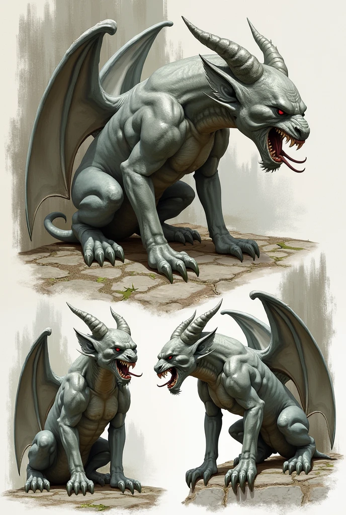 Draw a drawing of a simple gargoyle, one from the front, another on the side and another on the back to color