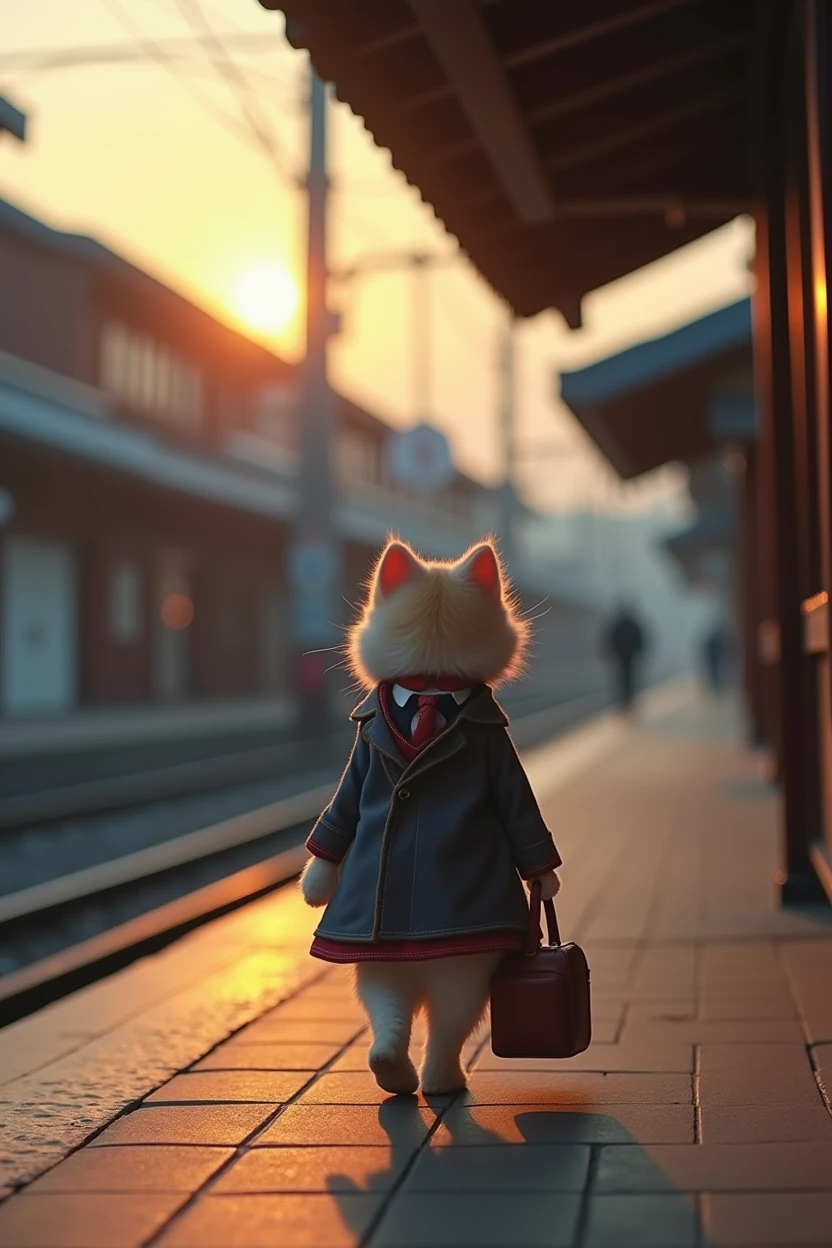 35mm lens,Multiple angles,Back,side,silhouette,Overhead shot,Cat,Standing,doll,Carrying a small school bag,tram,Hokkaido,Autumn Station,Wooden house,Platform, cloak,Ruan Jia,Suit,tie, (Delicate face), (Fine fluffy fur),(35mm Cinema Lens),(Multi-angle shooting),(many viewing angles)