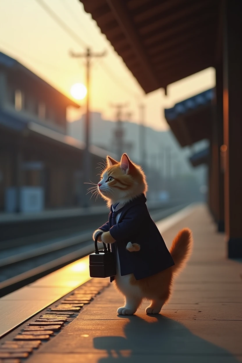 35mm lens，Multiple angles，Back，side，silhouette，Overhead shot，Cat，Standing，doll，Carrying a small school bag，tram，Hokkaido，Autumn Station，Wooden house，Platform， cloak,Ruan Jia,Suit,tie, (Delicate face), (Fine fluffy fur)，（35mm Cinema Lens），（Multi-angle shooting），（many viewing angles）