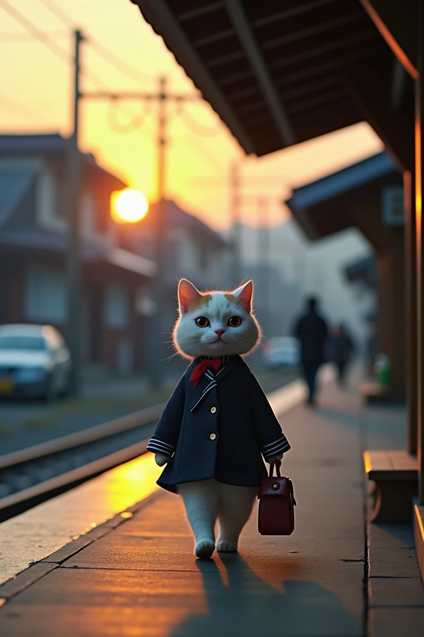 35mm lens,Multiple angles,Back,side,silhouette,Overhead shot,Cat,Standing,doll,Carrying a small school bag,tram,Hokkaido,Autumn Station,Wooden house,Platform, cloak,Ruan Jia,Suit,tie, (Delicate face), (Fine fluffy fur),(35mm Cinema Lens),(Multi-angle shooting),(many viewing angles)