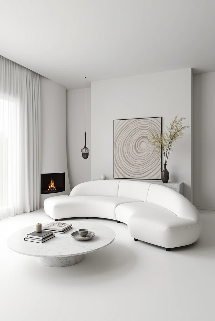 Professional 3d architecture rendering design of modern and minimal  white velvet   Modern and chic big curve shape sofa and white slab stone marble table and modern  and elegant accessories and modern  and spiral painting wall and modern flout white marble slab stone fireplace showing complete 