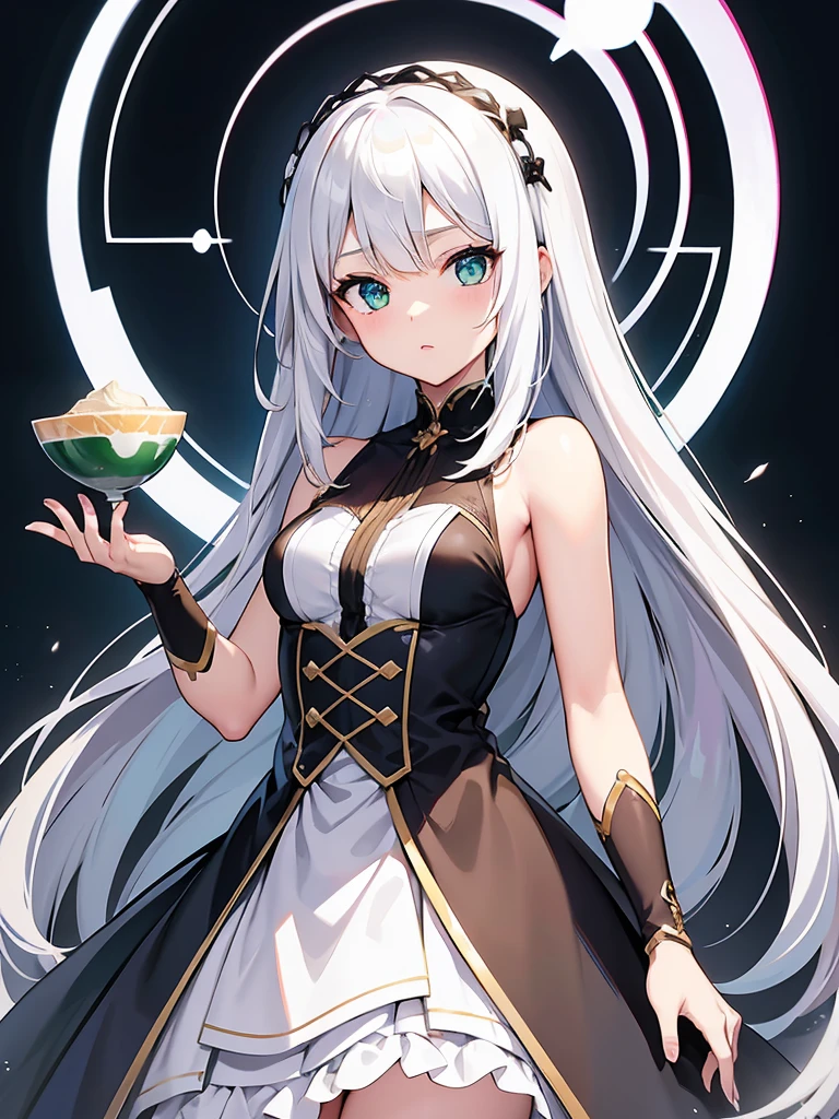 masterpiece, super fine illustration, extremely detailed, 1girl, flat background, full body, standing, extremely detailed face and eyes,Anime character with long white hair and black dress, deity with white hair, from arc knights, cute anime waifu in nice dress, white hair, in dress, artstation trending on pixiv, from girls front line, white hair, official character art, perfect girl with white hair, lady with white hair,(shining sharp emerald eyes), dress is sleeveless,(perfect hands)