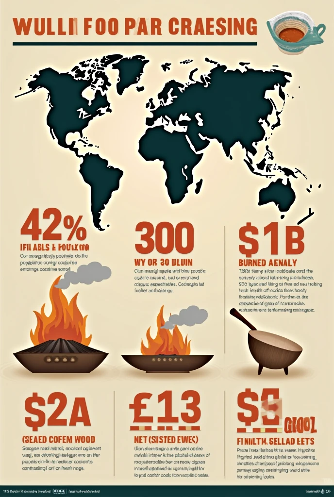 Create a poster consisting of showing population of world cooking over fire is 42% and how 300 million tons of wood is burnt and 13 billion dollar is spent on health due to gases release from cooking over fire