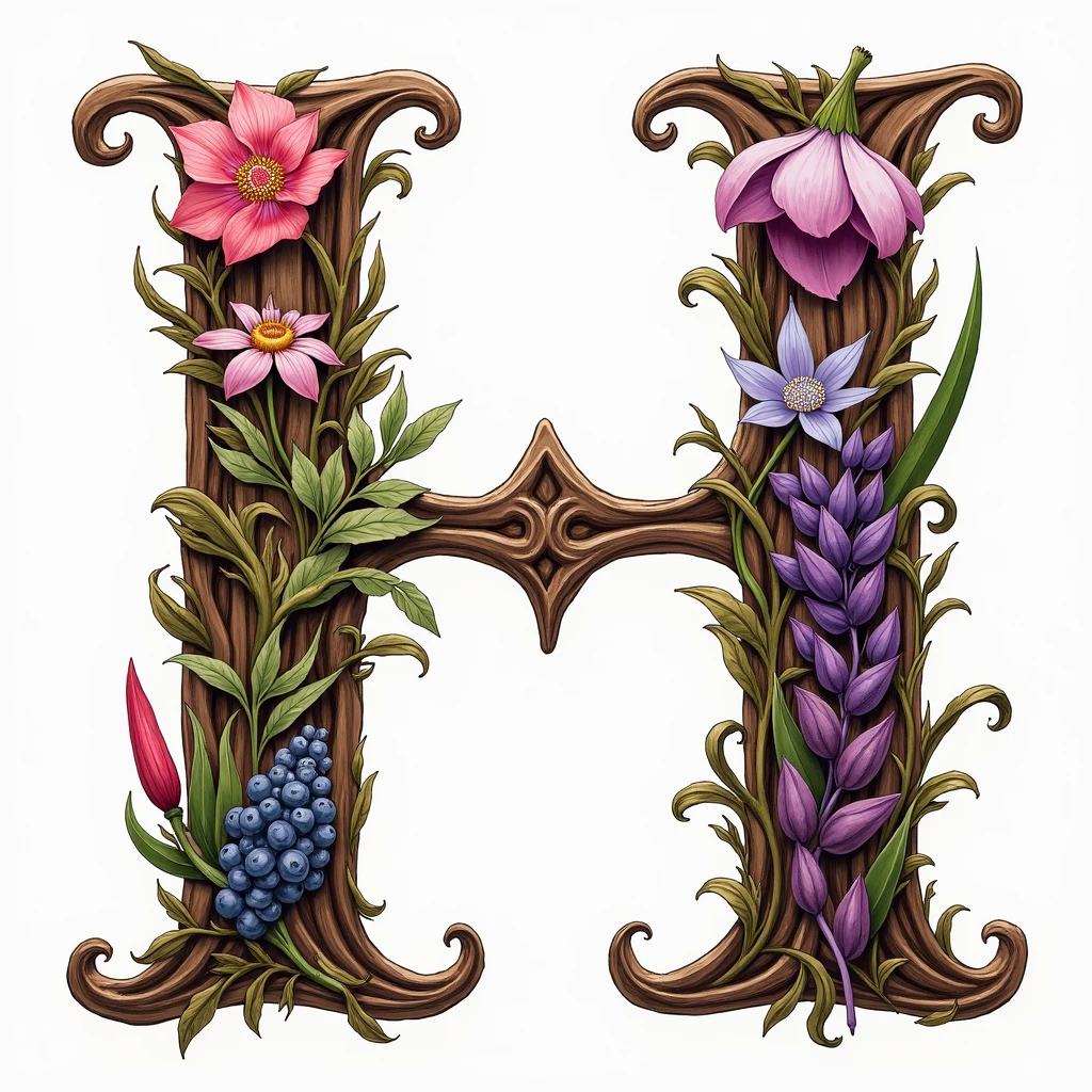 a bold letter made of magical herbs, wood background, masterpiece, Watercolor, trending on artstation, sharp focus, studio photo, intricate details, highly detailed, by greg rutkowski