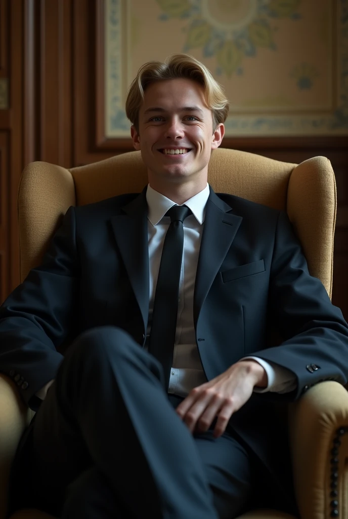 Young man, wearing suit and tie, short blonde hair, disturbing appearance, Grinning, anxiously waiting, while sitting in an armchair, with one's legs crossed, a tenebrosa hall in the background, tenebrosaness, tenebrosa, Mystery, 真实感, high qualiy, work of art, smooth light, 4K, 8k, High definition, perfect background, perfects eyes, perfect hands, Perfect Anatomia