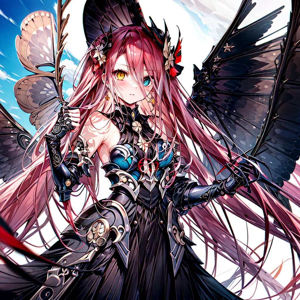 typhoon,One girl,Yellow Eyes,lady,alone,Very long hair,Black Dress,blush,Exposing shoulders,Heterochromia iridis,black sclera,Gauntlet,Outdoor,blue sky,Have,Shake your fist,stance,Black wings,, (masterpiece), (Highest quality), High resolution, Intricate details,