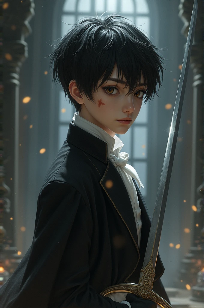 Boy in wedding clothes black hair dark brown eyes cutting sicatris with sword near the right eye