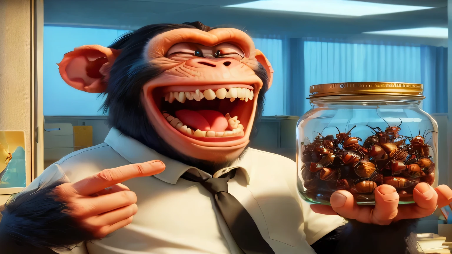 Arafed monkey holding a jar of cockroaches in the room, amazing computer graphics, Пиксар CGI, still from pixar movie, Weta Disney Pixar, Still from the 2015 Pixar film, animated film, 3 d animated film, Pixar film about coronavirus, Realistic CGI, Award-winning computer graphics, still from pixar movie, animated film