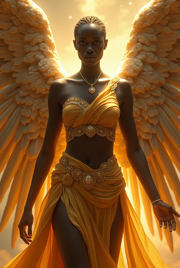 Create me a dark skin angel with 10 wings with golden clothes of all kinds of colors