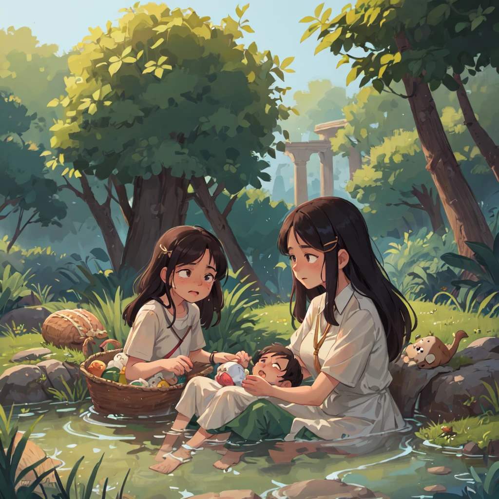 Scene: Moses' mother, with tears in her eyes, carefully places the baby in a reed basket and releases him into the still waters of the Nile River, while his sister, Miriam, watches from afar.