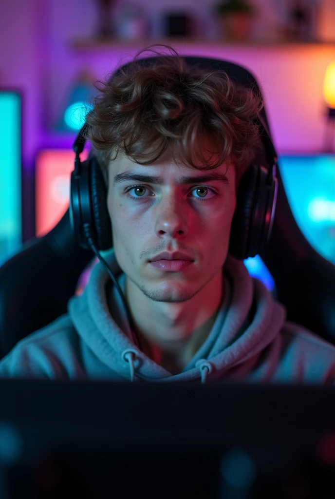 A photograph of a young man in his room sitting on a gaming chair, 19 years old, handsome, face detailed, looking at the camera, portraite, 8k hd, high qualiy