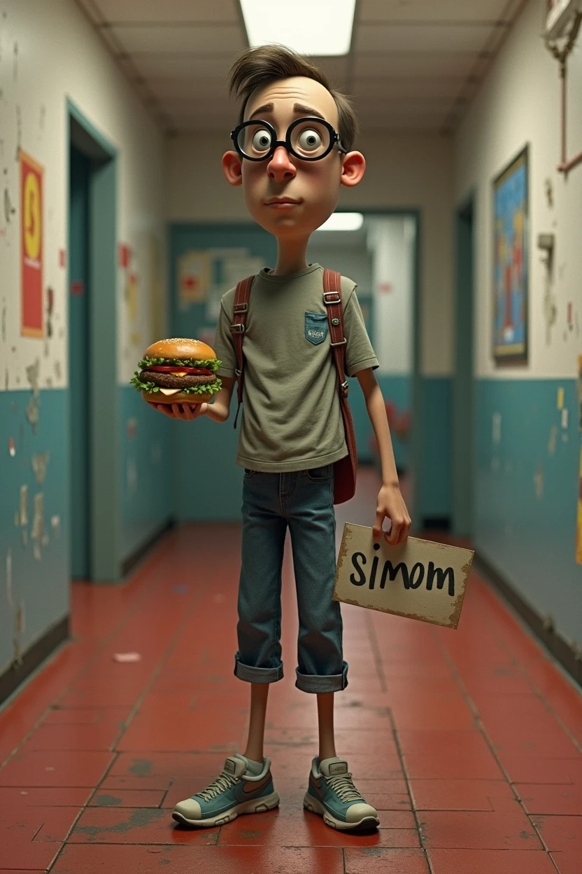 Create an image of a tall teenager, delgado, with a black bus, oval head, magnifiers, with a hamburger in his hand and in the other hand holding a sign that says "simon", being in a red floor school hallway, White walls and the whole environment is worn and dirty.