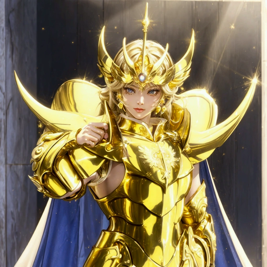 Close-up of a woman in a yellow outfit holding a golden object, Saint Seiya, Zodiac Knight Girl, wearing Gold Armor, angelic 黄Gold Armor, unreal engine render Saint Seiya, wearing 黄Gold Armor, 黄Gold Armor, portrait Zodiac Knight Girl, Gold Armor, Sailor Galaxia. beautiful, 黄Gold Armor wearing, 黄Gold Armor, 黄Gold Armor with diamonds