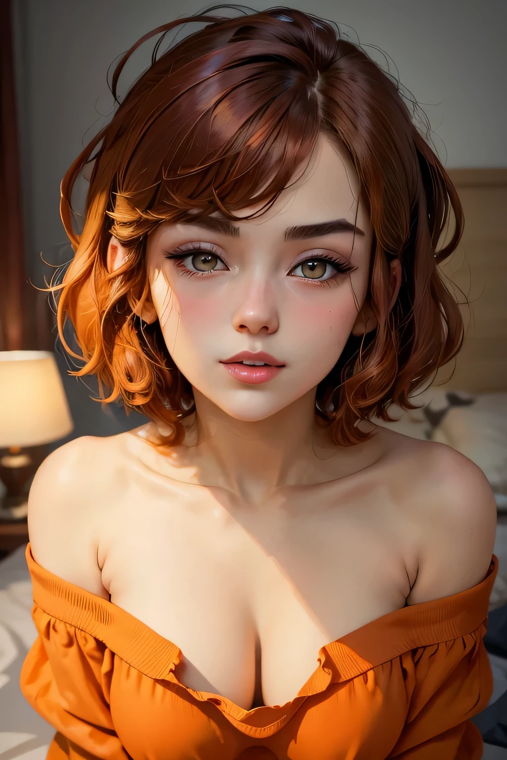 Amazing portrait of a sexy and cute girl with a short bob hairstyle and a seductive gaze who is blushing intensely with parted lips and is desperate and flustered and lustful wearing an off shoulder orange t shirt showcasing her bare shoulder while lying on bed
