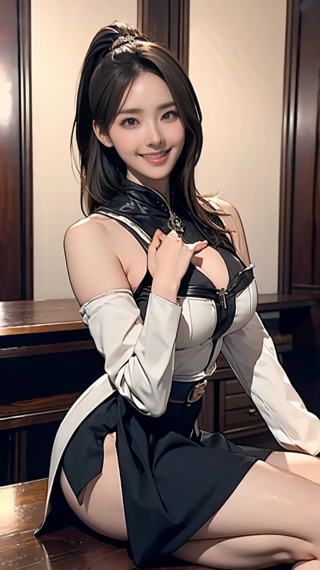 (masterpiece, best quality), Expose the middle of the breast:1.5,Female dancers in a medieval fantasy world:1.0、 (Leaning in the corner of the bar:1.0), High ponytail:0.3,  night, Detailed aspects, very attractive:1.0,  
((Attractive smile:1.3))
necklace hanging around neck:1.3 Big Breasts:1.3、Buttocks、Wide waist、Wear a slit skirt to reveal your long legs:1.3. Face the camera and open slightly:1.6. Kneel:1.3 Full body photos:1.3