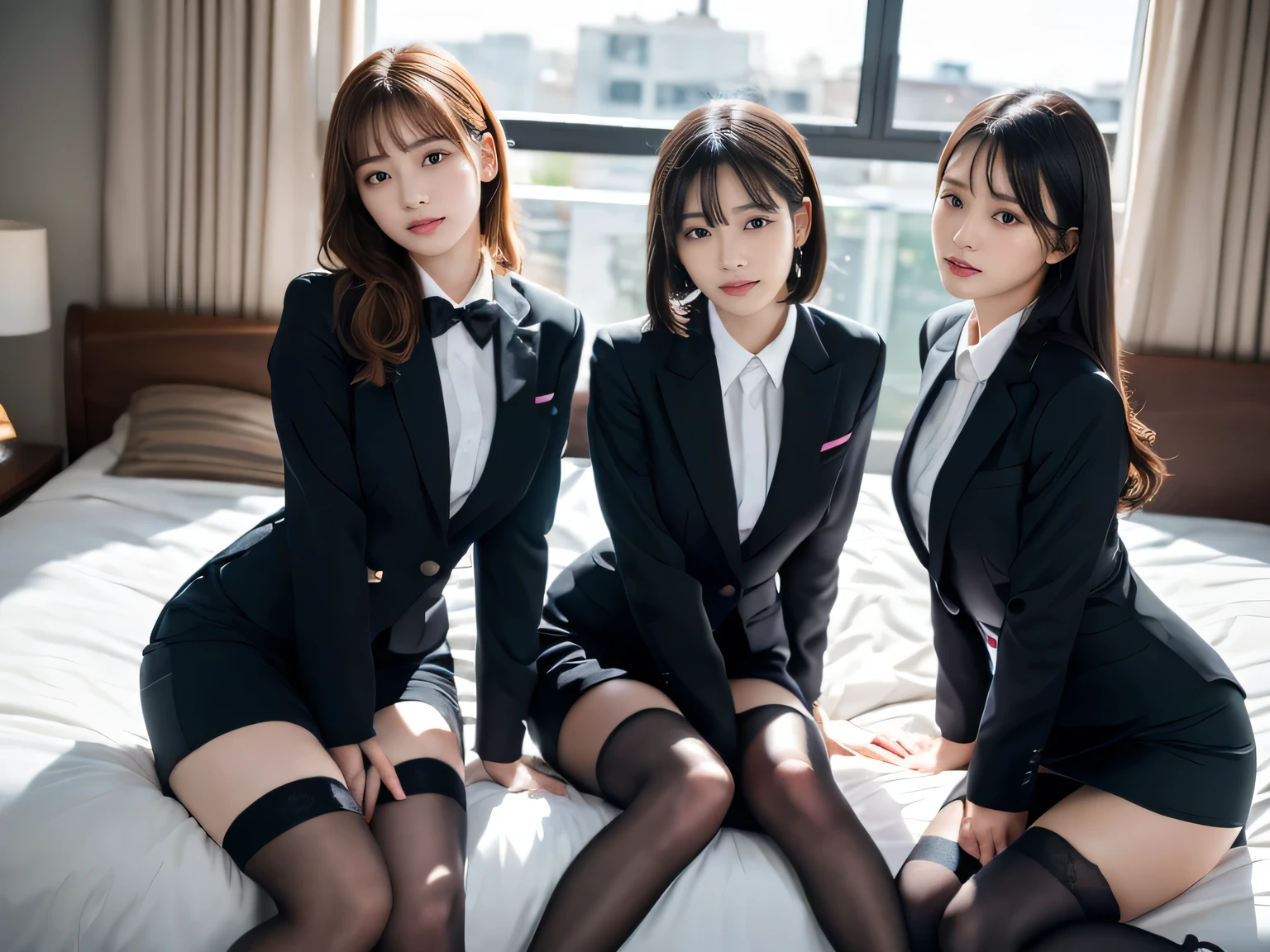 (8k, RAW Photos, Highest quality, masterpiece:1.2), masterpiece, Highest quality, shape, Very detailed, The finer details, High resolution, 8k,wallpaper, Perfect dynamic composition,(High quality with attention to detail, Realistic depiction of eyes:1.3), ((2 girls, Two high school girls)), The background is a room in a luxury hotel、 uniform、Check uniform skirt、Black Stockings、Disheveled uniform, Play with each other,Touching each other's bodies,Touching the body of the girl next door, Short Bob Hair, Black hair color, Center of chest, Big Natural Color Lip, Bold sexy pose, (Perfect shape), A seductive gaze, Beautiful Makeup,Glitter makeup,The cutest 18 year old, Beautiful legs, Burning idol pose, Glossy thighs、Sexy thighs