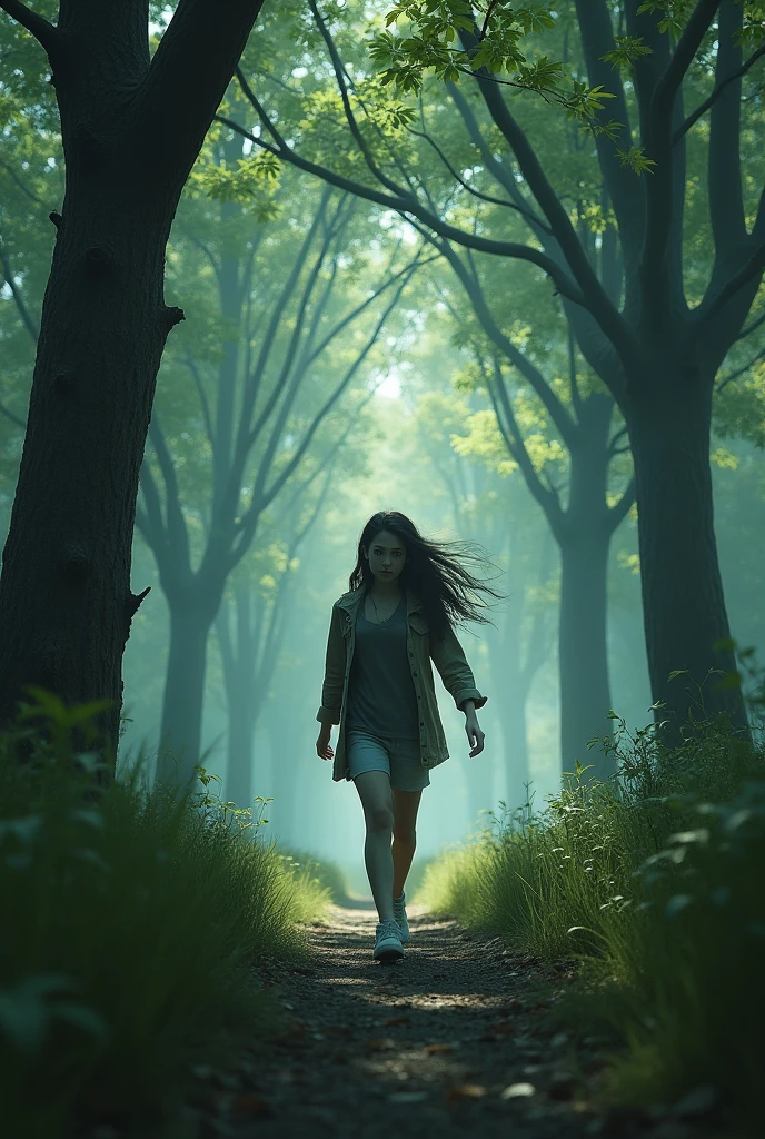 The girl is walking fast on the deserted path, there is fear in her eyes. Behind him are big trees, whose leaves can be heard rustling.