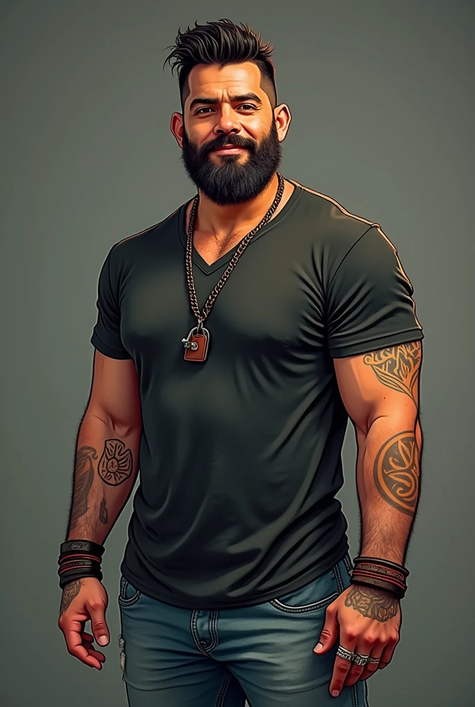 A 31-year-old man, bassist for a punk rock band called Ovelhas Obesas. Gustavo is a strong and robust man, with an imposing physical presence, which earned him the nickname "bull". He has short, wavy hair, usually kept with a slight tuft, and a well-groomed beard that gives an air of seriousness, contrasting with your easy and warm smile. His eyes are dark brown and convey an inner calm., reflecting his calm personality. He usually wears simple t-shirts, Tank Tops, and worn jeans, but always complement the look with a leather necklace and handmade bracelets, that he himself does in his spare time. Gustavo adopts a more casual and practical style, which reflects his direct and sincere approach to life and music. He prefers comfortable clothing that allows freedom of movement on stage, but always includes some accessory that has a personal meaning, like a silver ring you got from your grandfather. On the feet, is almost always wearing sneakers or boots, ready for any situation. The band&#39;s pillar of stability, He is known for being the calmest and most balanced of the group., someone who others turn to for advice and support.