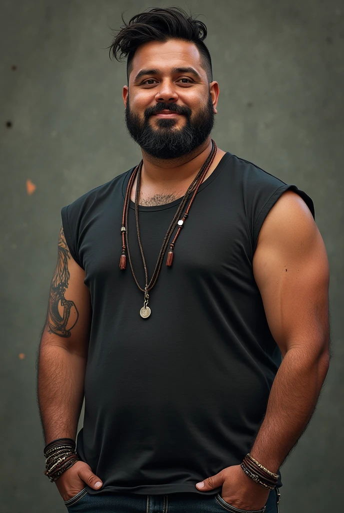 A 31-year-old man, bassist for a punk rock band called Ovelhas Obesas. Gustavo is a strong and robust man, with an imposing physical presence, which earned him the nickname "bull". He has short, wavy hair, usually kept with a slight tuft, and a well-groomed beard that gives an air of seriousness, contrasting with your easy and warm smile. His eyes are dark brown and convey an inner calm., reflecting his calm personality. He usually wears simple t-shirts, Tank Tops, and worn jeans, but always complement the look with a leather necklace and handmade bracelets, that he himself does in his spare time. Gustavo adopts a more casual and practical style, which reflects his direct and sincere approach to life and music. He prefers comfortable clothing that allows freedom of movement on stage, but always includes some accessory that has a personal meaning, like a silver ring you got from your grandfather. On the feet, is almost always wearing sneakers or boots, ready for any situation. The band's pillar of stability, He is known for being the calmest and most balanced of the group., someone who others turn to for advice and support.