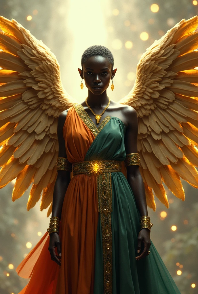 Create me a dark skin angel with 10 wings with golden clothes of all kinds of colors Man