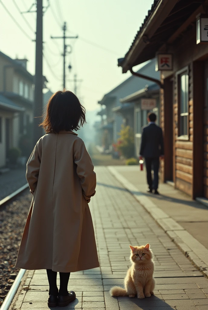 35mm lens，Multiple angles，Countryside scenery，Suburban，Back，side，silhouette，Overhead shot，Cat，Standing，doll，Carrying a small school bag，tram，Hokkaido，Autumn Station，Wooden house，Platform， cloak,Ruan Jia,Suit,tie, (Delicate face), (Fine fluffy fur)，（35mm Cinema Lens），（Multi-angle shooting），（many viewing angles）