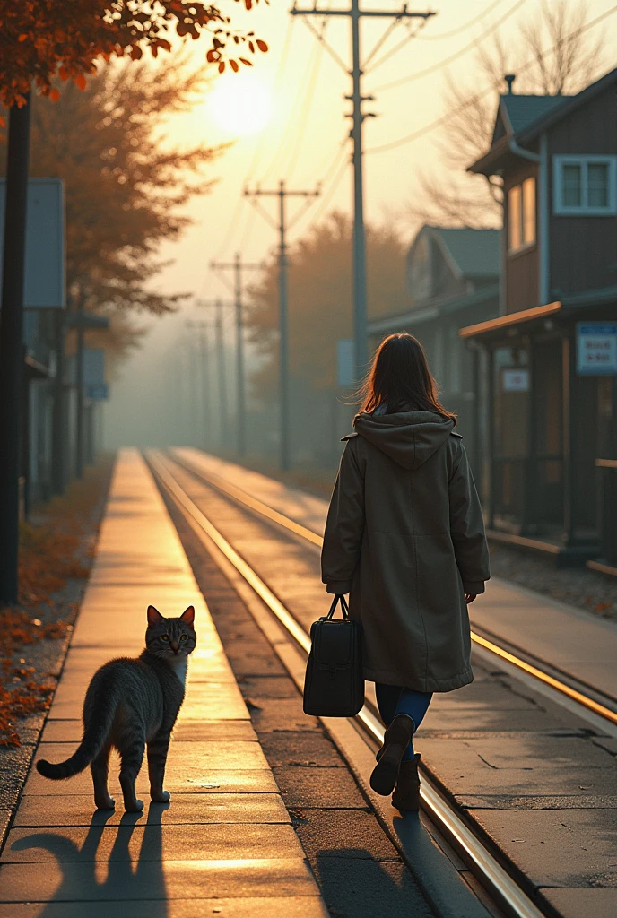 35mm lens,Multiple angles,Countryside scenery,Suburban,Back,side,silhouette,Overhead shot,Cat,Standing,doll,Carrying a small school bag,tram,Hokkaido,Autumn Station,Wooden house,Platform, cloak,Ruan Jia,Suit,tie, (Delicate face), (Fine fluffy fur),(35mm Cinema Lens),(Multi-angle shooting),(many viewing angles)