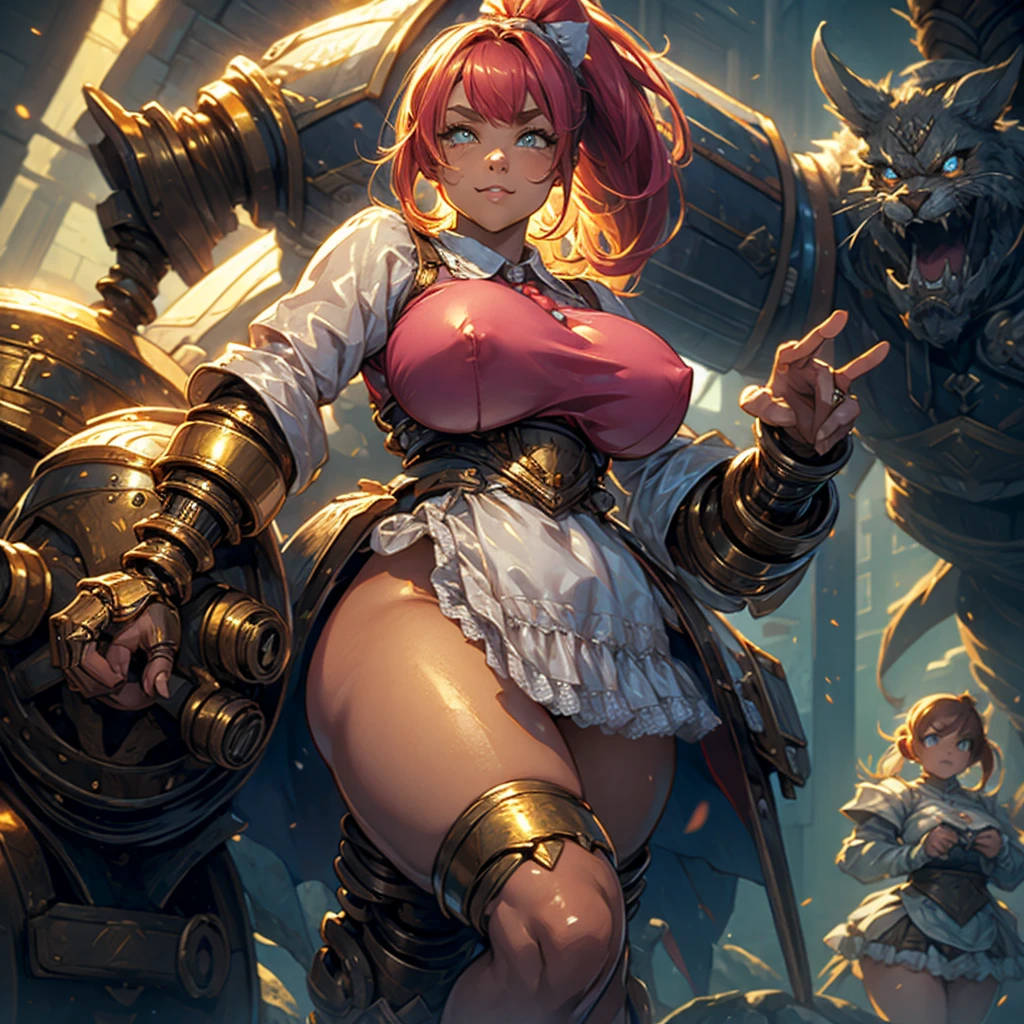 (masterpiece:1.4), (intricate:1.2), (detailed:1.2), (vibrant colors:1.2), BREAK, (fantasy:1.2), (biomechanical:1.2), BREAK, (female biomech:1.2), french maid theme, android, (nude:1.3), , (nanotech:1.0), (catears.1.0), (cattail.1.0) ,(short:1.1), ((curvy, thick thighs, thick legs, massive fake breast)), long pink hair in a ponytail, dark tan skin, gold mechanical eyes, happy, large eyes, closeup of face, facing upward, thick:1.4 , fantasy game world, m4id, very wide short skirt