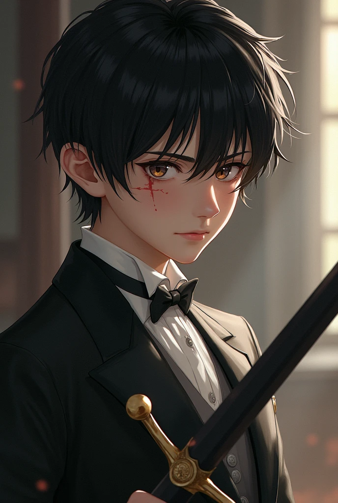 Boy in wedding clothes black hair dark brown eyes sword-cut sicatris near his right eye