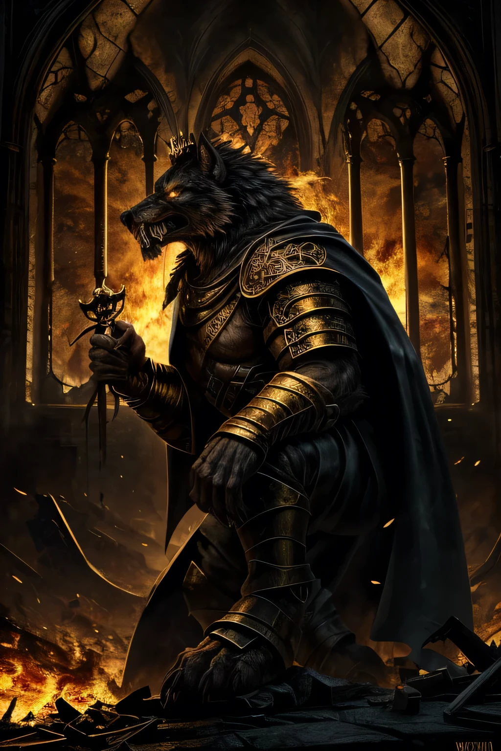 (One Muscular male bara furry wolf, grey fur, dilf) clothing=(medieval mercenary attire, Gold fangs, gold metal bracers+gold ornaments+black greaves+Yellow eyes+crown of twisted metal and bone+Dark old wrinkled maroon cape), Place=(Old Rome, Midnight, dramatic, lighting in his face, in the dark,dark, creepy, twisted, burning cathedral)+Epic pose+Dirty and chipped armor, sideview),
Create a high-resolution digital painting fearsome werewolf within a ruined, burning cathedral. The werewolf is clad in dark, battle-worn armor, wearing a crown of twisted metal and bone. He grips a large, ornate scepter in one hand, his snarling face illuminated by the intense flames engulfing the scene The background features the crumbling arches and shattered stained glass windows of the cathedral, all consumed by fire. The overall atmosphere is dark, chaotic, and apocalyptic, with vivid details of the burning inferno and the powerful, intimidating presence of the werewolf, heavy use of dramatic lighting and bold contrasts to highlight the menacing features of the subjects,combine elements of horror, medieval fantasy, and dark mythos to create a vivid, immersive image.