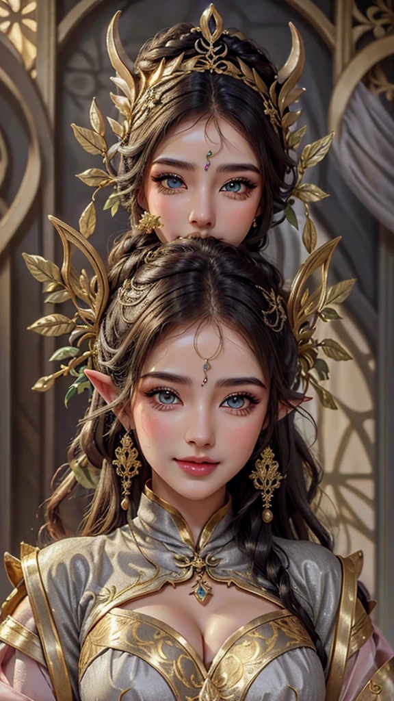 Extremely detailed, women, elven, British middle eastern women, beautiful body, wearing traditional dress(gray and golden), beautiful sexy greenish gray eyes, sexy look, light pink lips, open mouth smile,